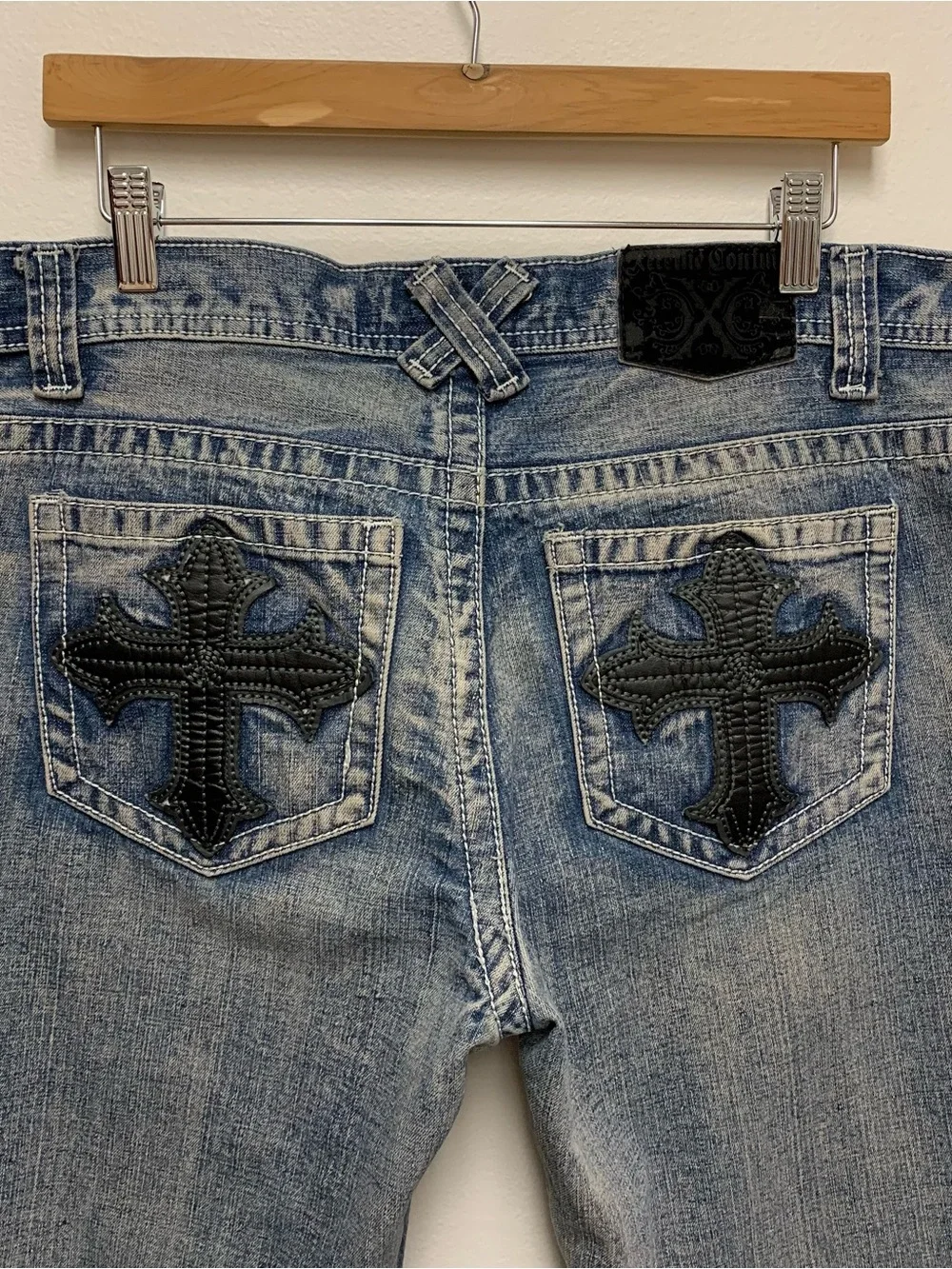 Xtreme Couture Leather Cross Straight Jeans 34 x 27 Y2K Distressed Vtg *Hemmed